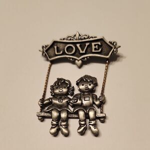 Signed JJ Jonette Jewelry Kids On Swing Friends Silvertone Brooch Pin Vintage